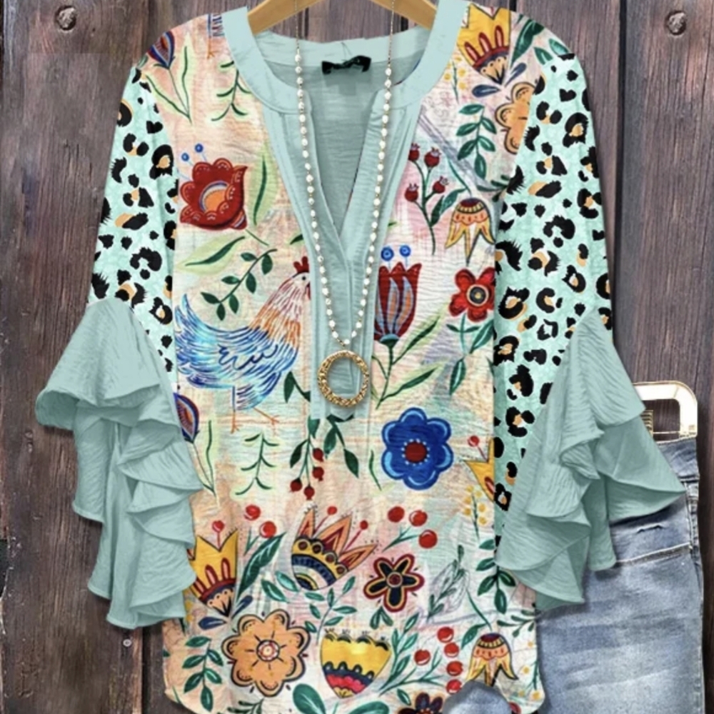 Floral and Animal Print Ruffle Sleeve Top